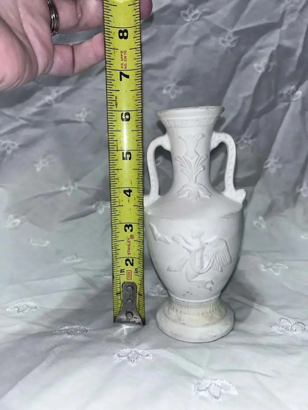 Vintage Neoclassical Bisque Porcelain Greek Amphora Bud Vase w Embossed Relief